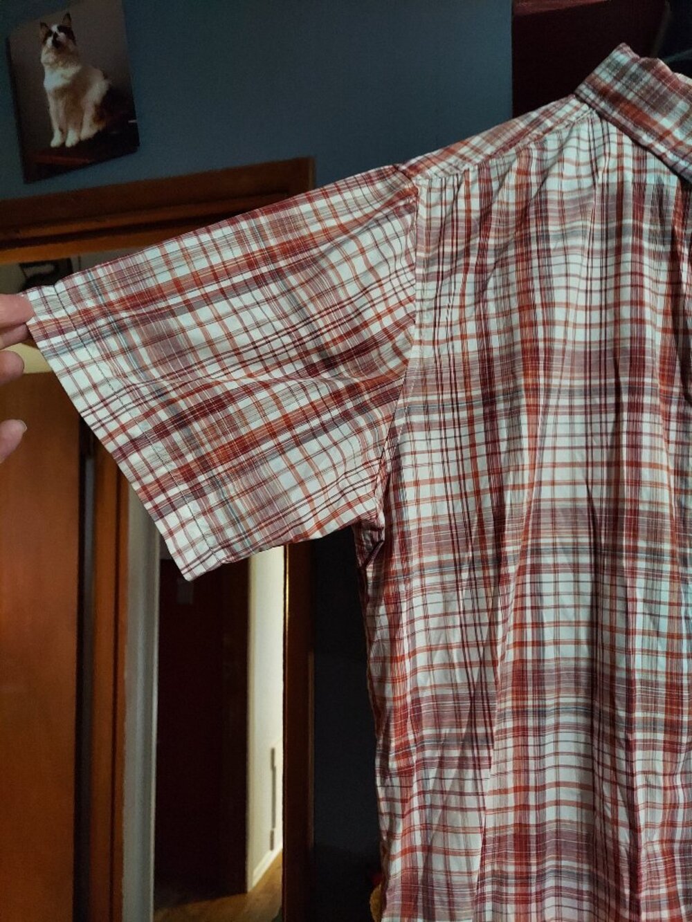 Mens Marmot, nylon, poly blend button down short sleeve plaid shirt. Lg slim fit